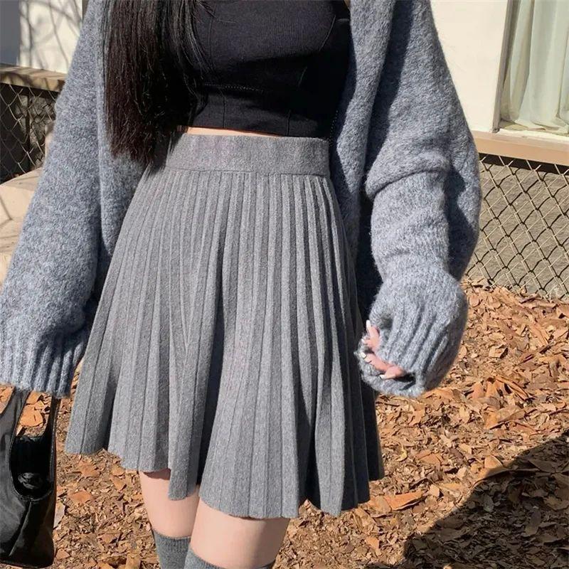 High Waisted A- Line Knitted Short Skirt High Waist A- Line Knitting Pure Color Skirt