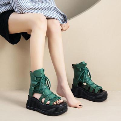 8cm High Wedge Heel Leather Roman Open Toe Sandals Women's 2025 Spring/Summer Thick Sole Platform Shoes