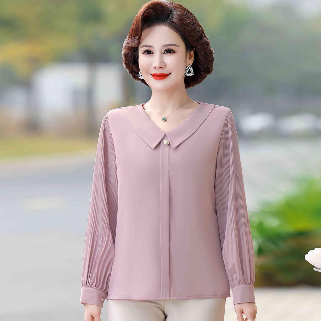 Mom's Spring and Autumn Chiffon Shirt Long Sleeve Middle Aged and Elderly Women's Top Clothes Spring Clothing