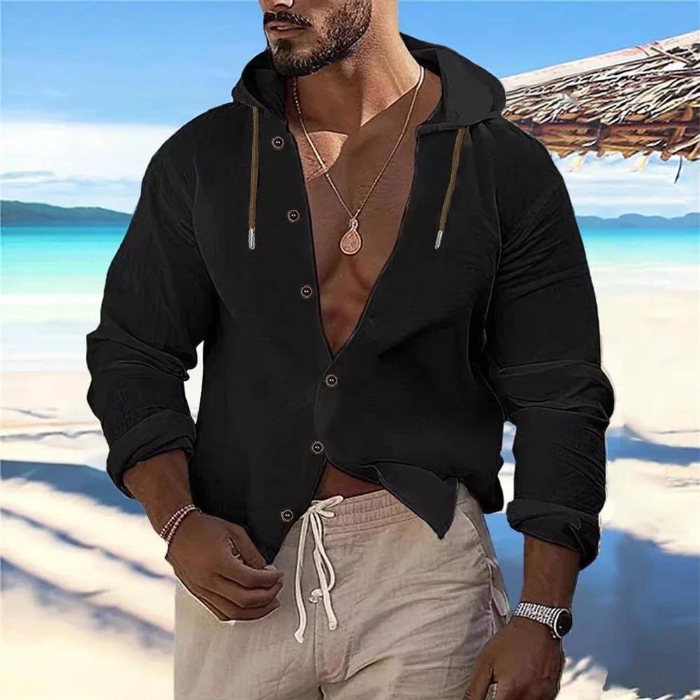 Men's Casual Cotton Linen Hooded Shirts Lightweight Breathable Vacation Tops Autumn