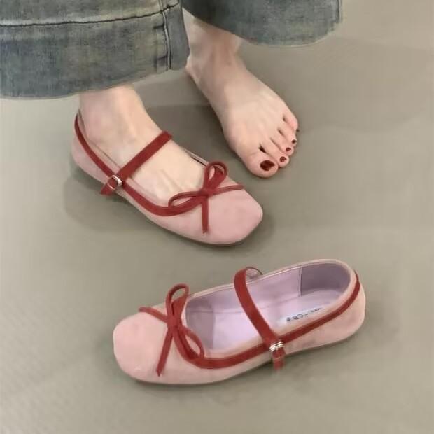 Pink bow Mary Jane women's shoes spring and autumn new one-word buckle inner height increase ballet shoes