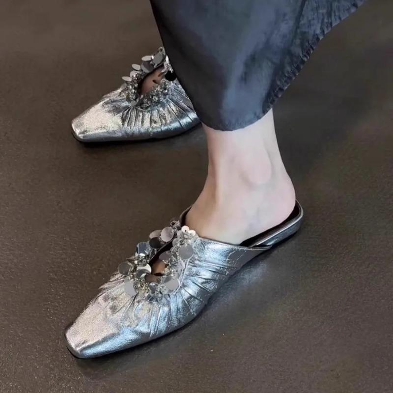 Women Mules Shoes Bling Flats Square Toe Slippers Elegant New 2025 Summer Sandals Dress Party Luxury Woman Slingback Shoes Mujer