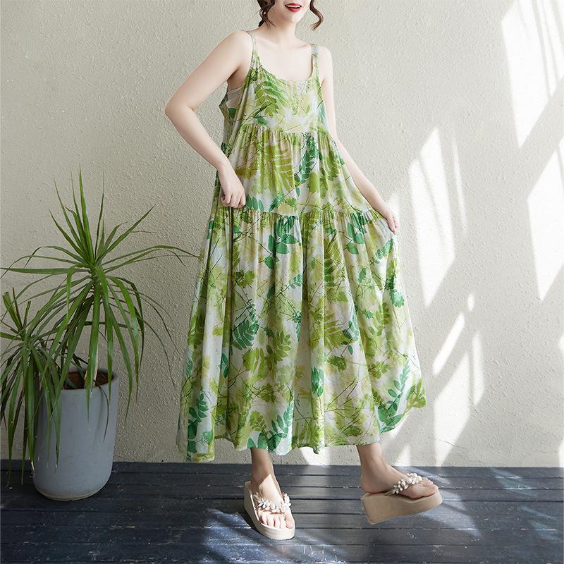 

2025 Summer Cotton Linen Printed Patchwork Long Dress - Loose Fit with Thin Sling and Large Hem One Size