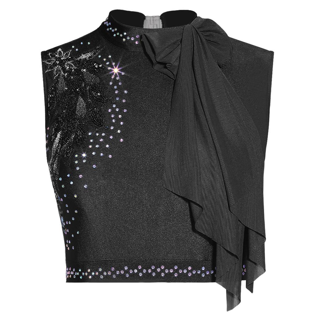 Womens Modern Dance Crop Top Sequin Embroidery Bow Decor Sleeveless Back Hollow Out Dancewear