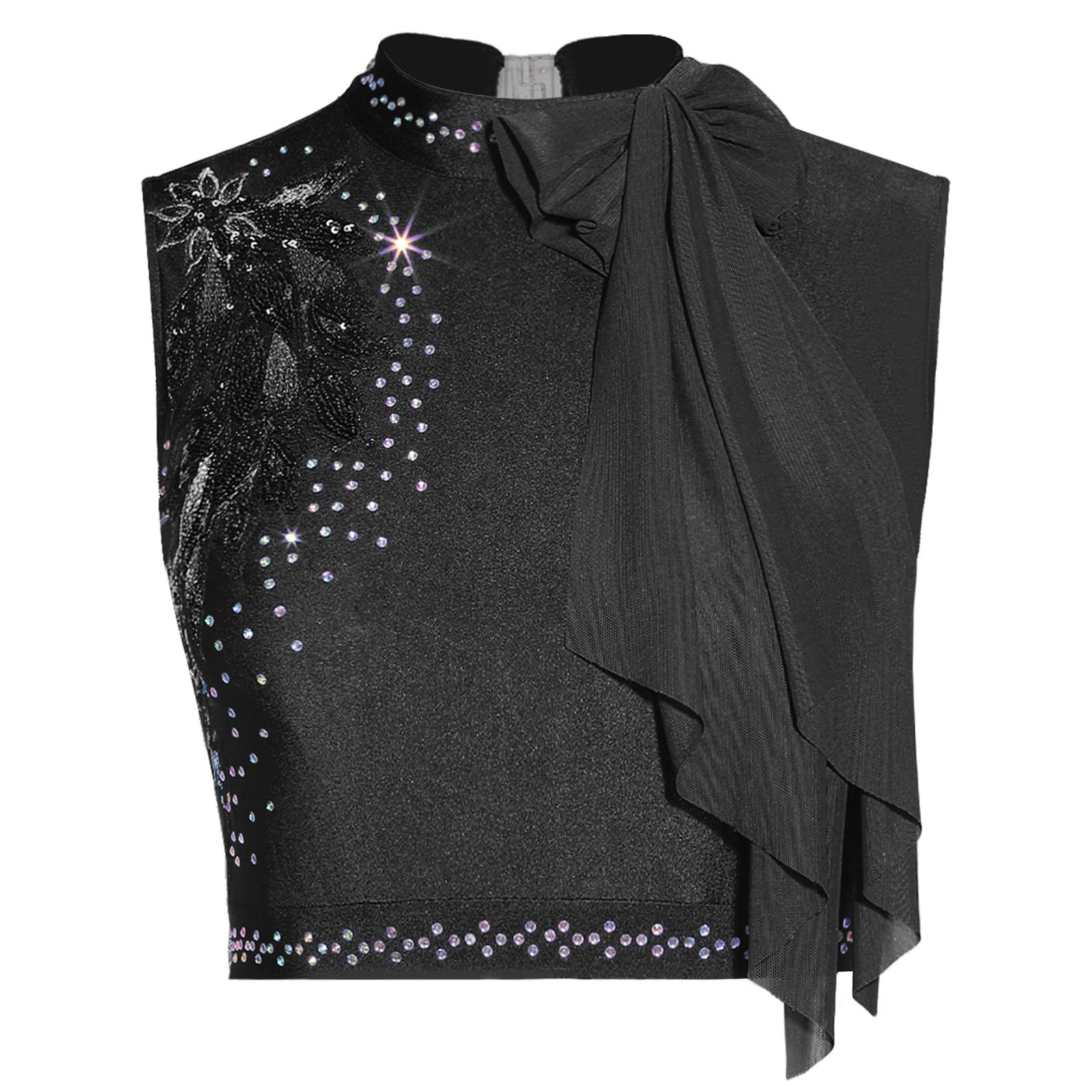 

Жіночий сучасний танцювальний кроп-топ з вишивкою паєтками, декором у вигляді банта, без рукавів, з вирізом на спині S чорний