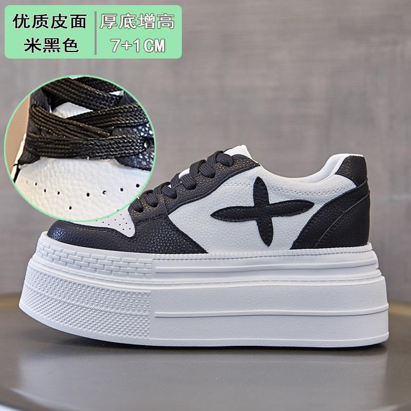 

Leather thick-soled little white shoes for women s autumn new models increase 8CM lace-up fashion solid color casual breathable little white shoes 39