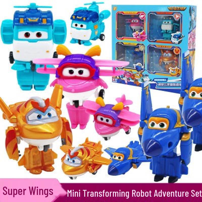 Super Wings 13-Piece Mini Transforming Robot Set: Jett, Big Strong, Jin, and Mighty Little Wing Toys