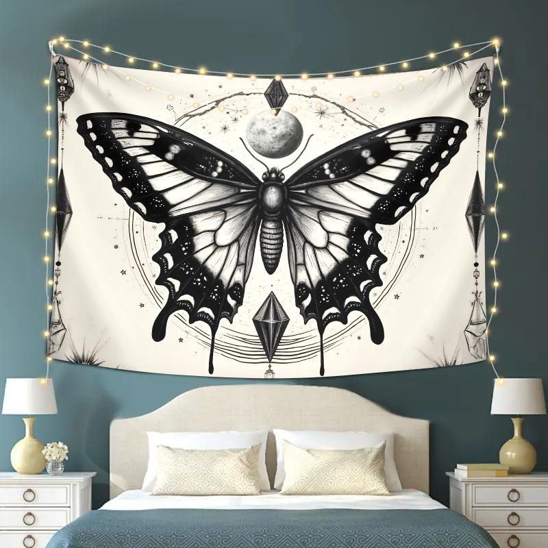 Butterfly Moon Tapestry  Celestial Design Boho Witch Art Black  White Polyester 5161 in for Bedroom or Dorm