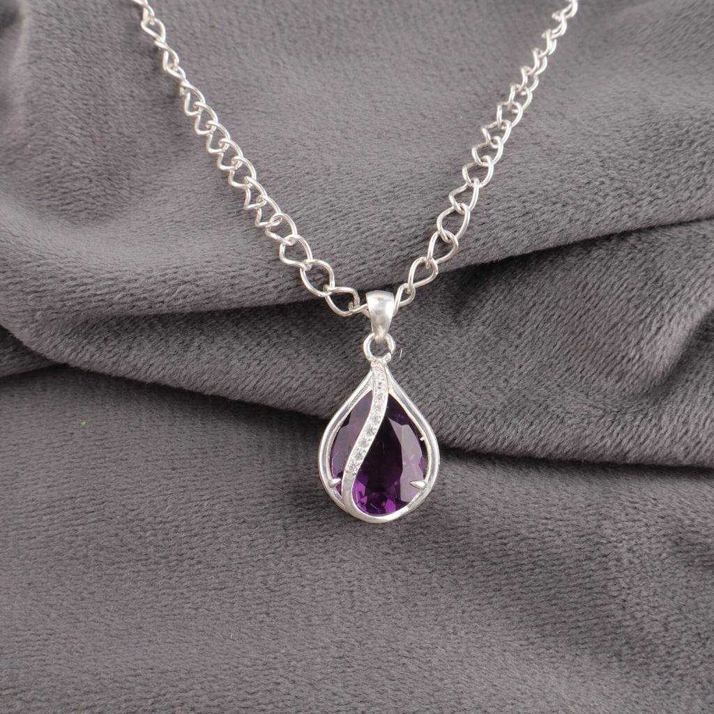 Amethyst Gemstone 925 Sterling Silver Jewelry Zircon Pendant For Birthday Gift CZP-7-10
