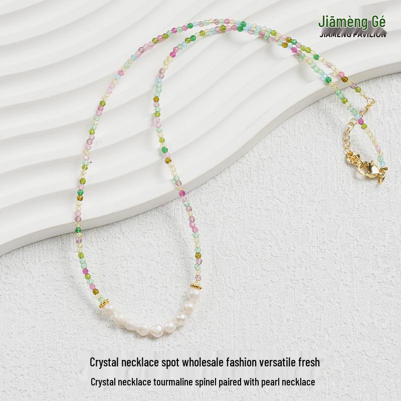 Модное колье на ключицу из кристалла, турмалина, шпинели и жемчуга