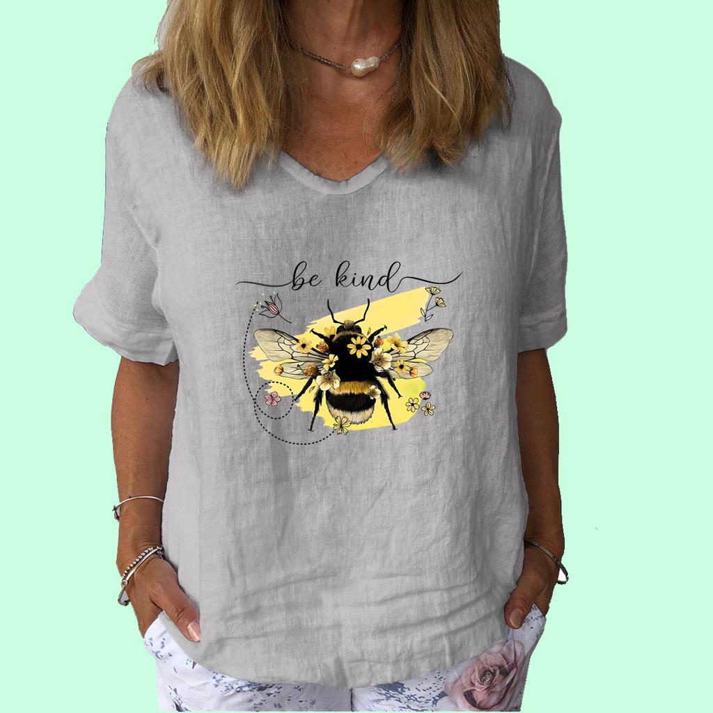 Women Fashion V Collar Short Sleeve Top Summer Casual Cotton Linen Shirt Ladies Print T-shirt