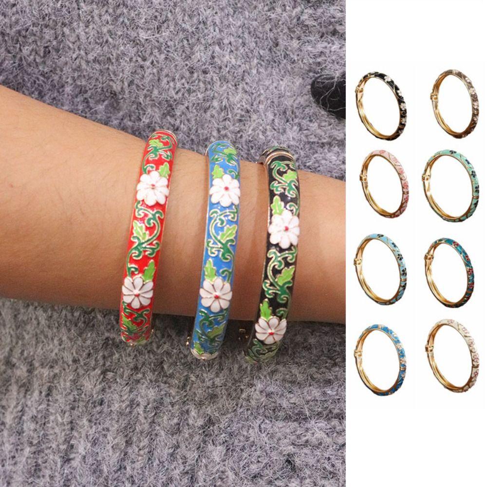 Chinese Vintage Cloisonne Bangle Traditional Women's Hand Bracelet Hollow Out Flower Bangle Girls