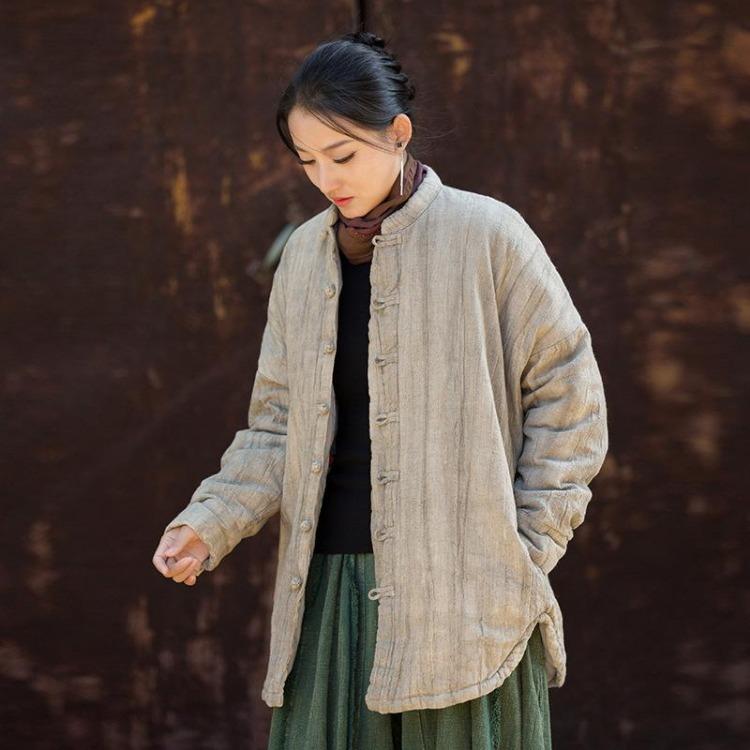 Vintage Tie Dye Chinese Style Winter Coats for Women Button Stand Long Sleeve One Size