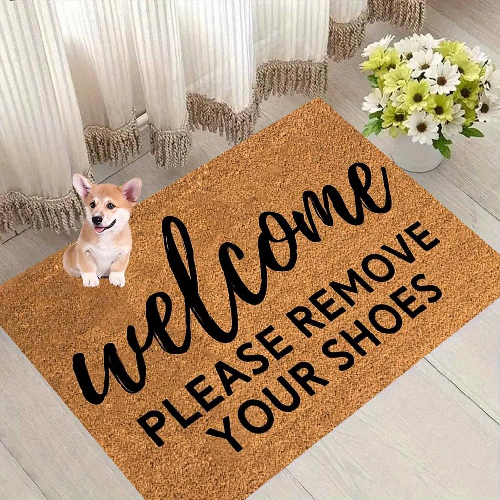 "Welcome Please Remove Shoes" Flannel Doormat - Machine Washable Polyester for Entryway, Kitchen, Balcony Indoor Decor Mat