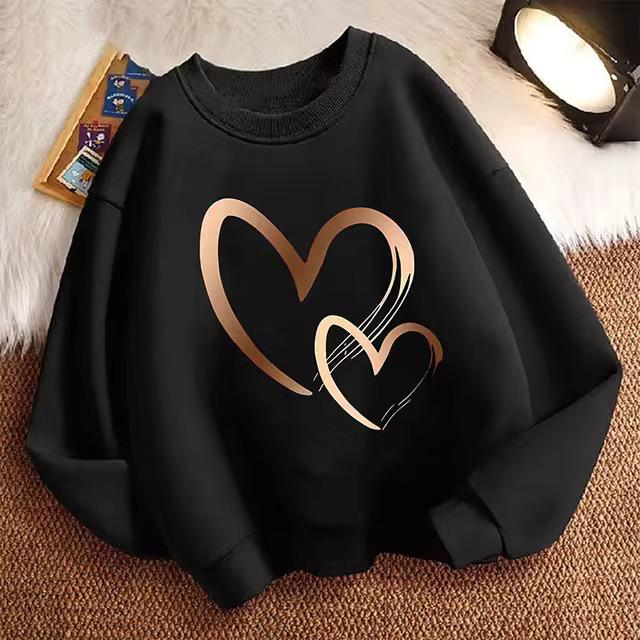 Chic Heart Print Girl's Pullover Sweatshirt - Spring O-neck Hoodie