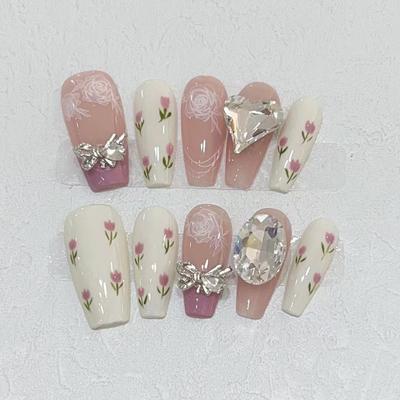 Wearing Armor Handmade High-end Summer New Nude Color French Flash Diamond Removable Fake Nail Patch Nail Art
