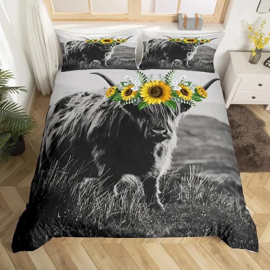 Cow Sunflower Bull Cattle Smoky Mountain Western Comfortable Duvet Cover Pillowcase Bedding Set Children Bedroom Decoration
