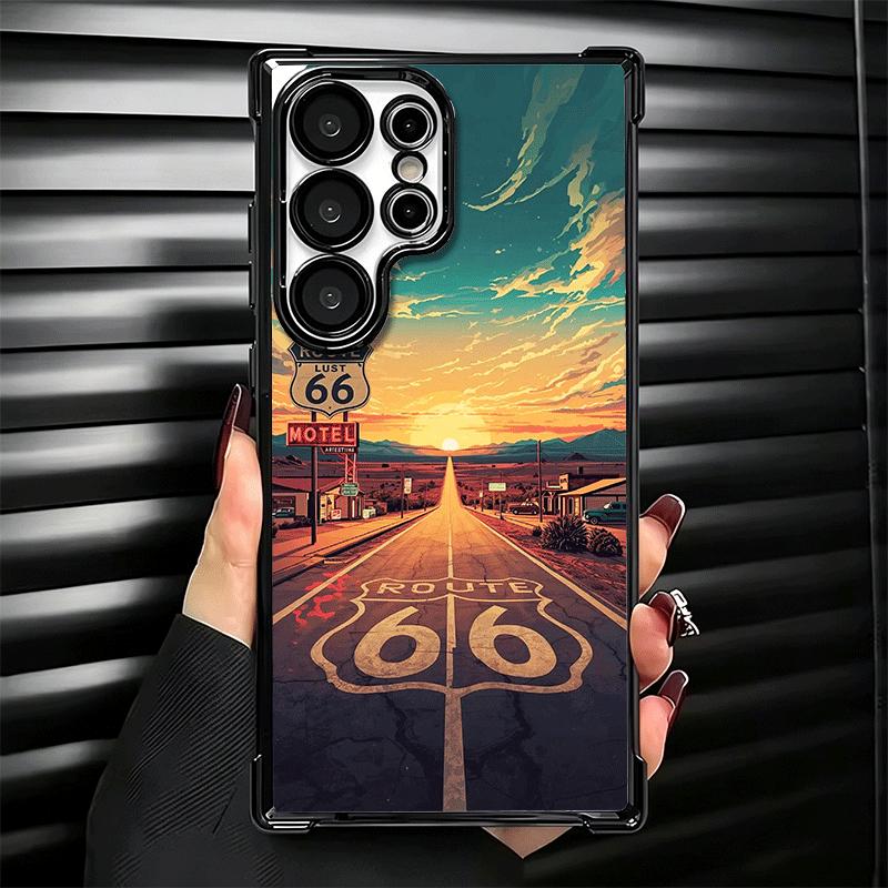 America Route 66 Plating Phone Case For Samsung Galaxy S24 S25 FE S26 Edge S23 Ultra S22 S21 Plus S20 Anti-Fall Airabag Cover