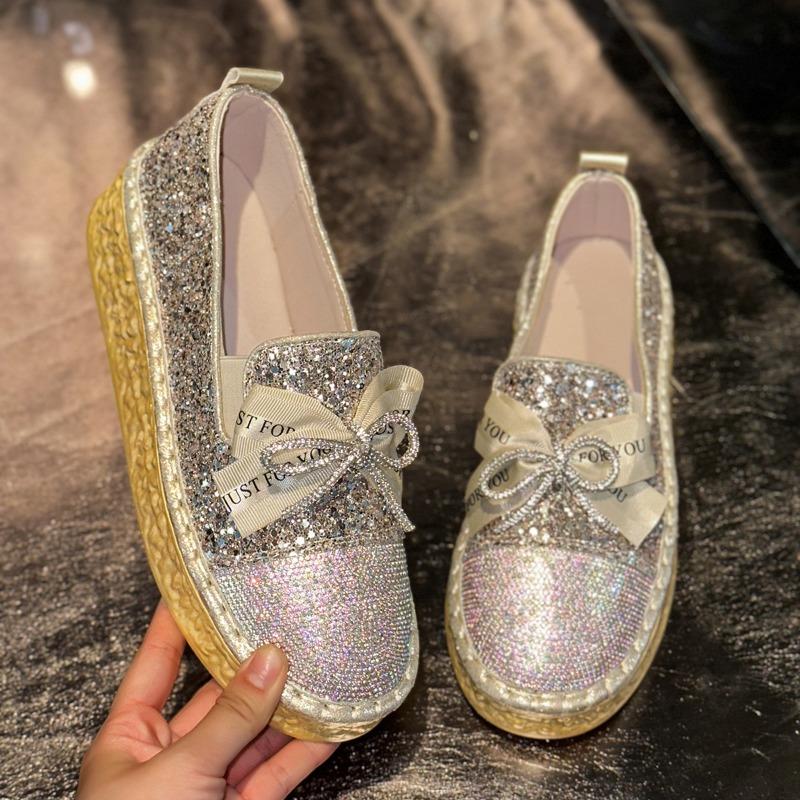 Flat-soled single shoes women's spring and autumn new fashion thick-soled rhinestone bow one pedal
