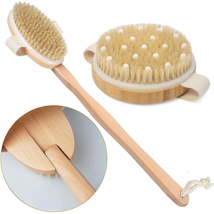 

Щетка для душа, съемная щетка для сухой чистки тела от целлюлита и лимфатической системы, скребок для спины для душа, отшелушивающее средство с длинной ручкой из натуральной щетины