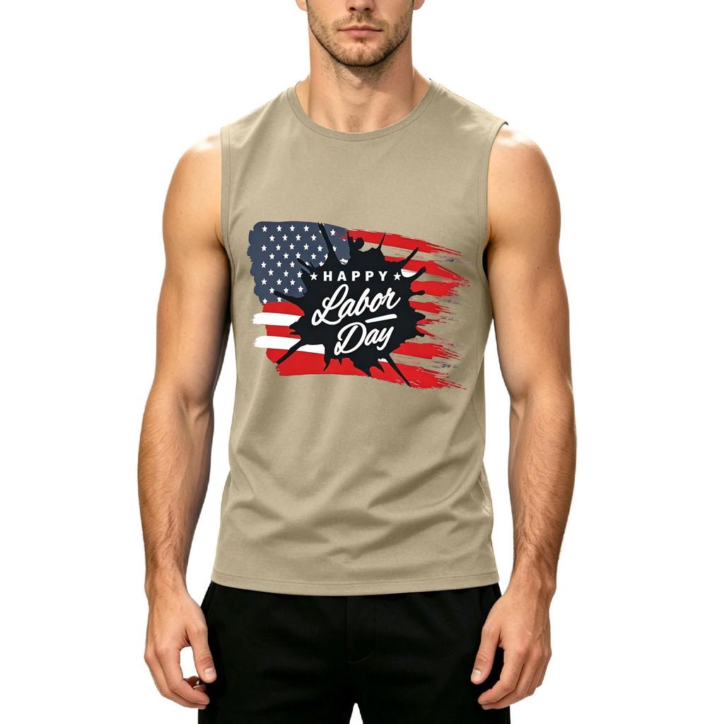 Men's Sleeveless Casual Tank Top Labor Day Printed Muscle Shirt Crew Neck Summer Workout Tee