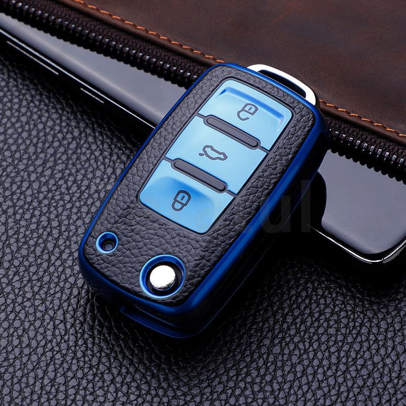 rmwpf7 2/3 Buttons TPU Leather Car Key Case Cover Shell Fob Bag for VW Volkswagen Polo Tiguan Passat Golf Jetta Lavida Skoda Octavia