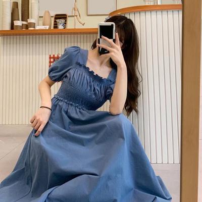 Women Summer Dress Square Neck Bubble Sleeve Pleated Shirring Elastic Bust Short Sleeve A-line Loose Hem Vintage Mic-calf Length Midi Dress