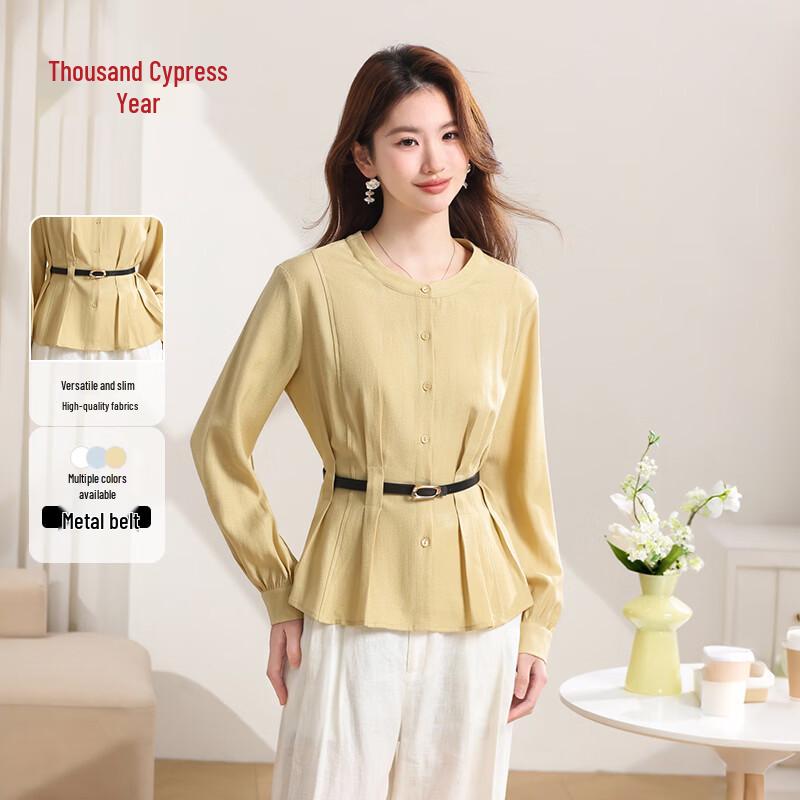 Qian Bainian Women s Lyocell  Linen Blend Long Sleeve Tie-Waist Blouse 2XL