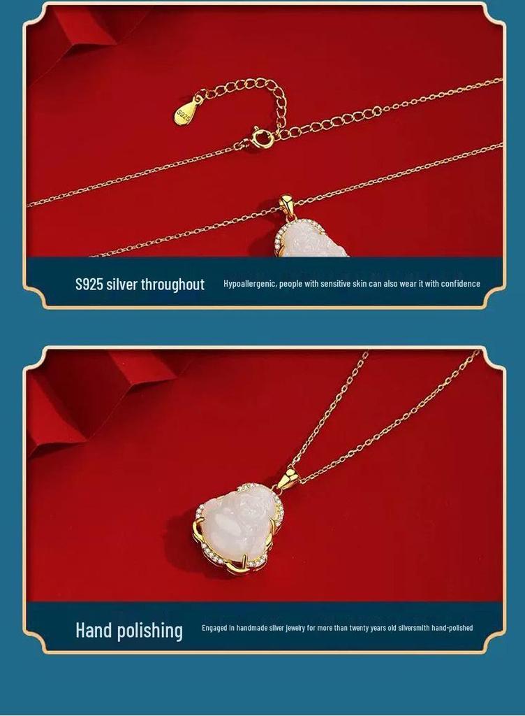 S925 Sterling Silver Hetian Jade Maitreya Buddha Necklace - Women's Trendy Ancient Style Clavicle Chain Pendant