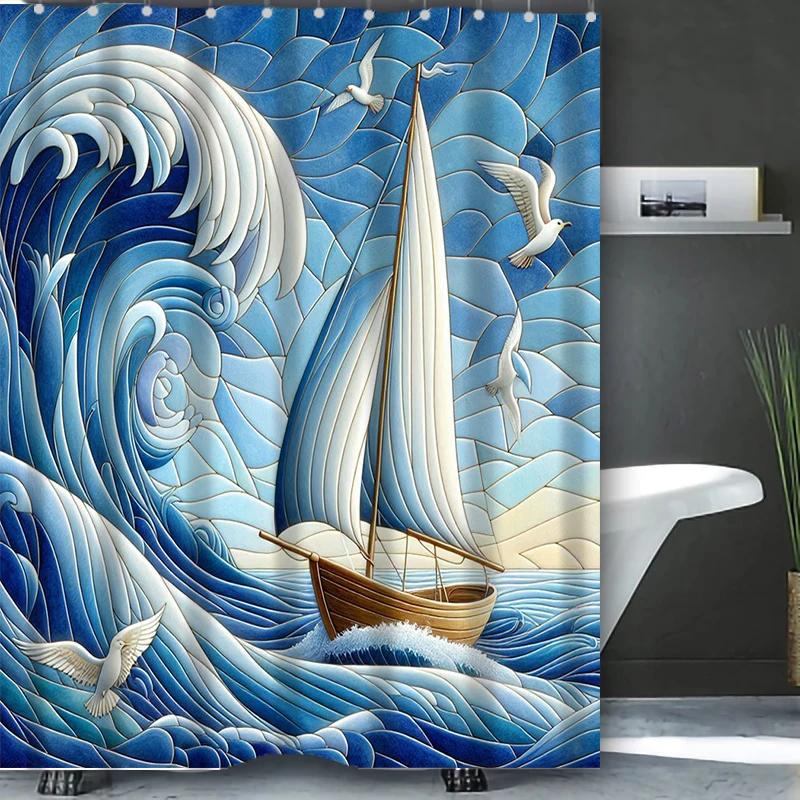 Whale sea wave Pattern Bathing Curtain  Bathroom Shower Curtain Waterproof With 12 Hooks Home Deco