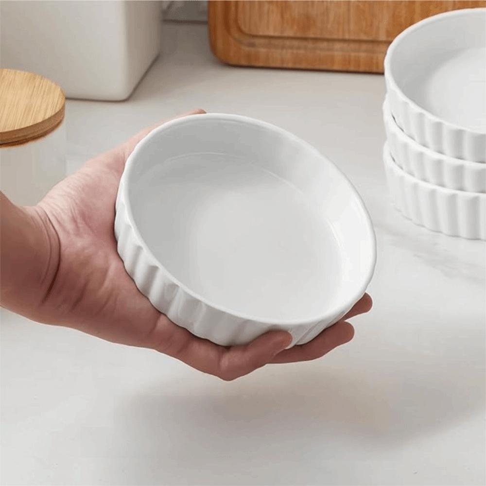 6pcs Kitchen Baking Container Ceramic Creme Brulee Ramekins Round Shallow Tart Baking Pan White Pie Baking Tray Pudding