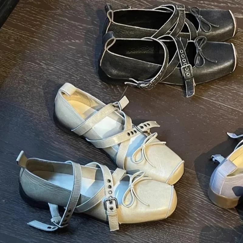 Fashion Buckle Strap Shoes 2025 New Woman Flats Bow-Knot Low Heels Dress Ballerinas Butterfly Retro Rubber Rome PU Butterfly-knot