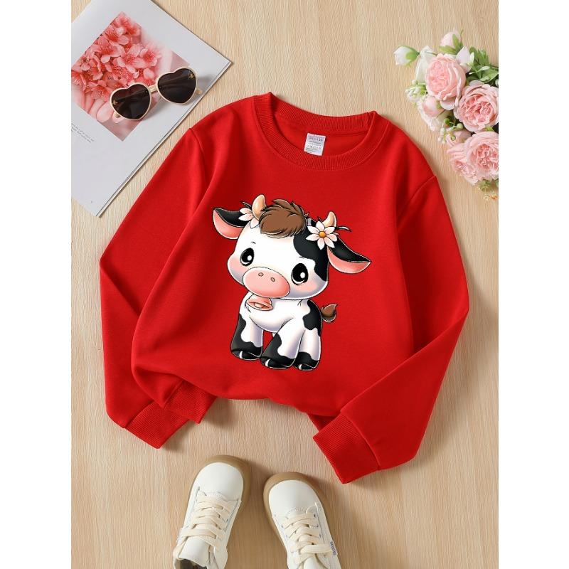 European sizes Kids Sweatshirts, Girls' Autumn Winter Cute Cartoon Cow Print Long Sleeve Round Neck Sweatshirt, Casual Daily Wear.