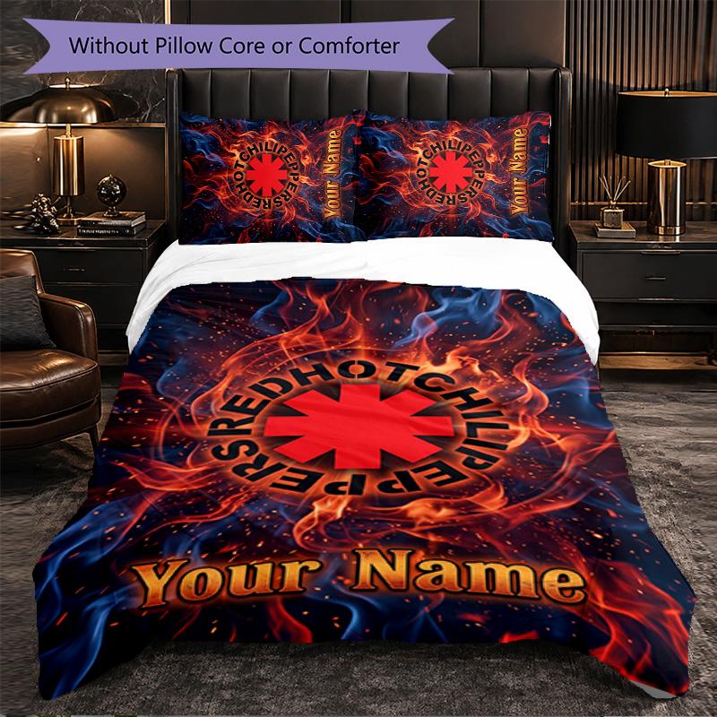 Red Hot Chili Peppers Customized Name Text Bedding Set, 1 Duvet Cover & 2 Pillowcases Personalized Bedroom Gift