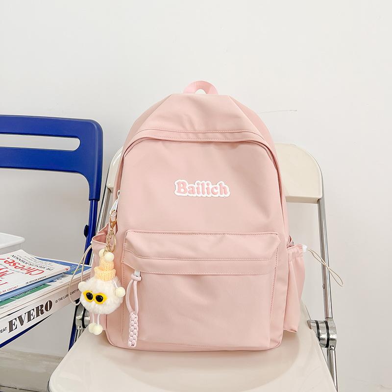 

New fashion solid color simple backpack junior high school student schoolbag women s computer bag travel senior feeling backpack single bag (without pendant) розовый