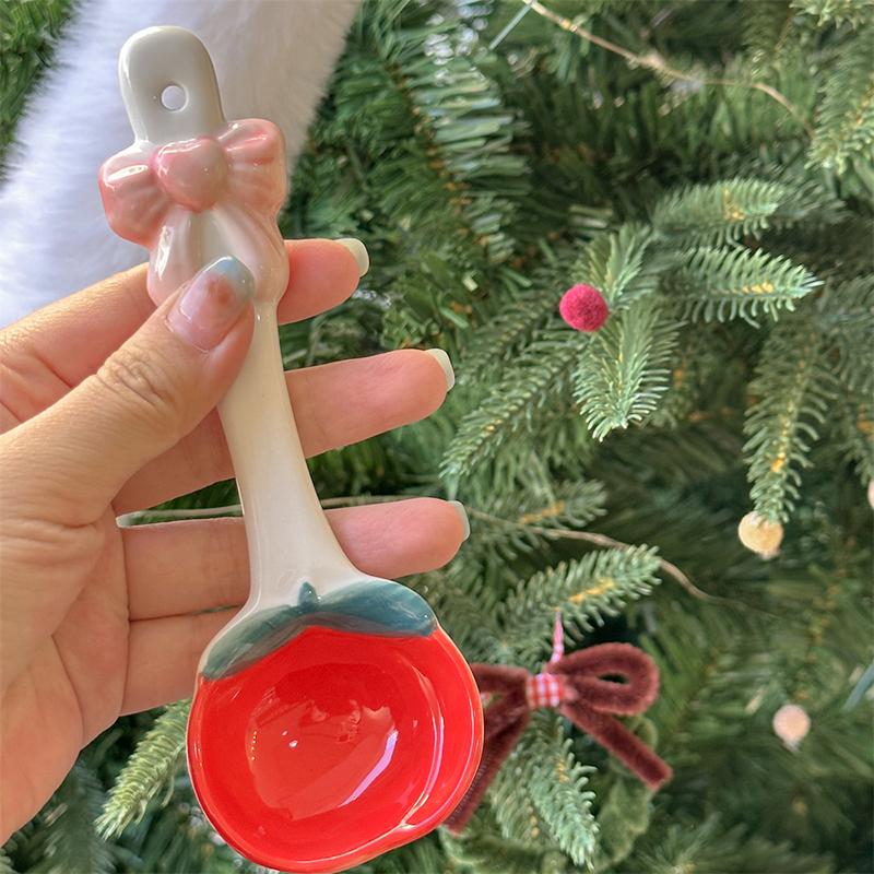Kawaii Cherry Ceramic Soup Spoon Cute Korean Ice Cream Hand Painted Dessert Spoon With Long Handle Kitchen Tableware Accessories