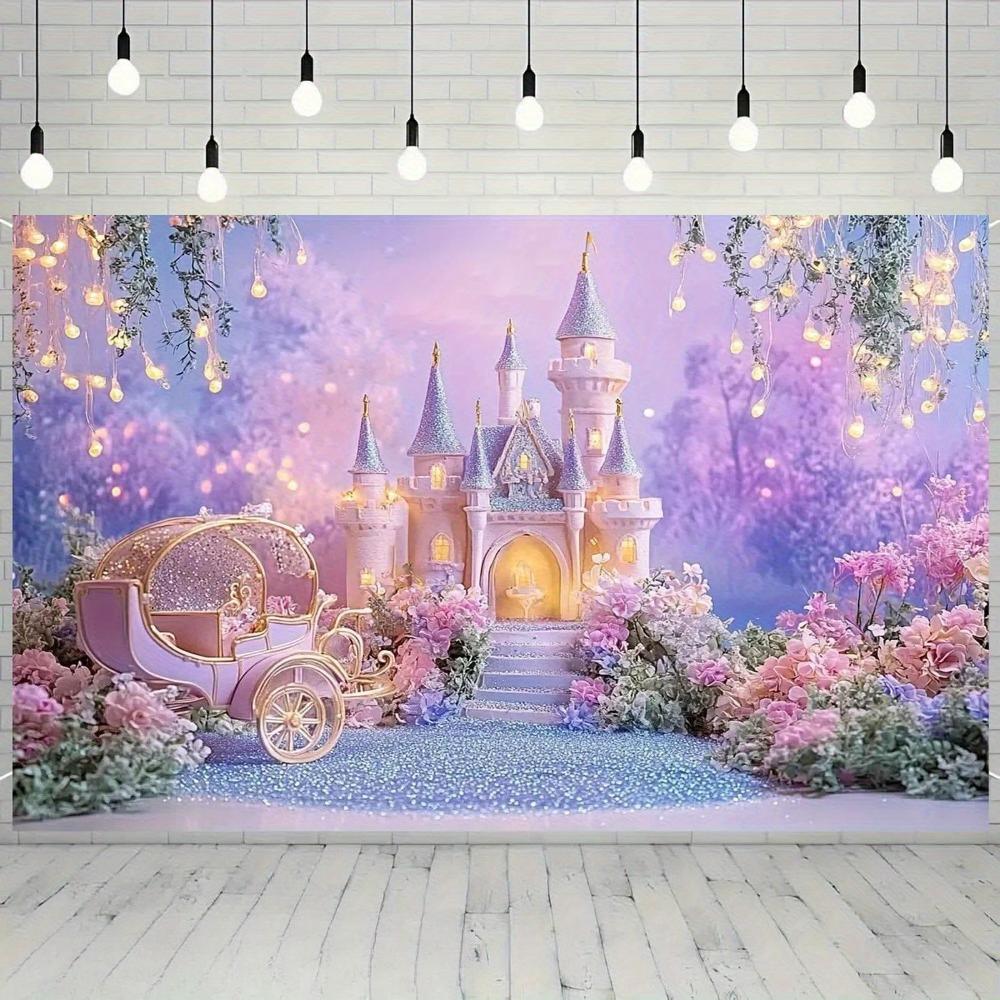 Shining Princess Castle Carriage and Floral Banner Background Children's Girls' Birthday Party Decoration Photography Backdrop