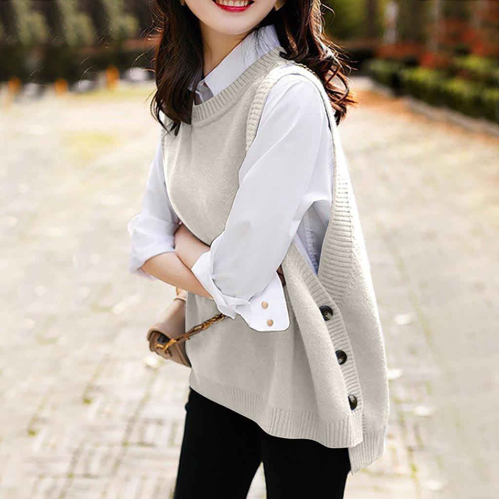 Women's Spring Knitted Vest Casual Sleeveless V-Neck Side Buttons Decorative Buttons Colour Top