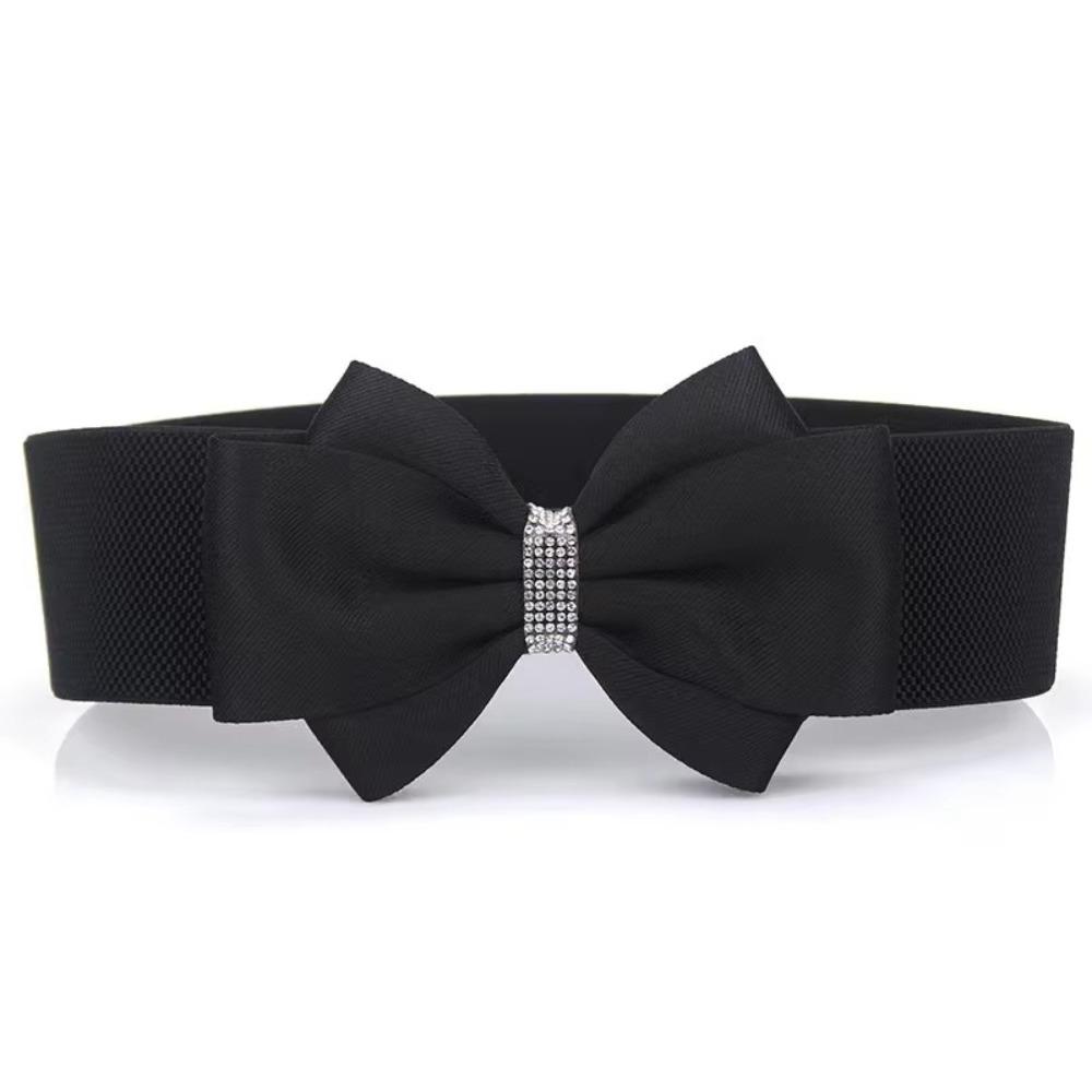Adjustable Buckle Elastic Bow Belt Solid Color Rhinestone Stretch Belt Dress Coat Accessories