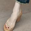High-heeled one-word women's 2025 summer new open-toed outer wear small height-increasing thick-soled PVC transparent cool slippers