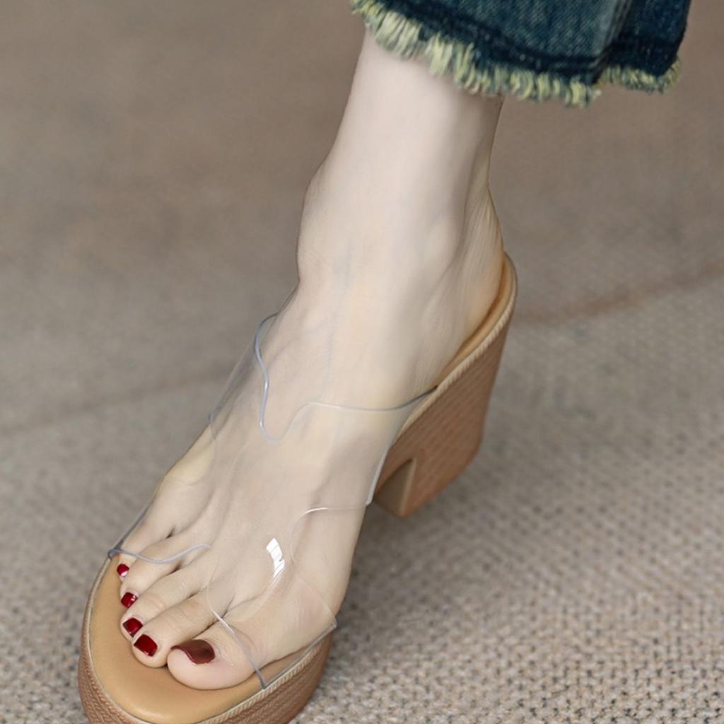 High-heeled one-word women's 2025 summer new open-toed outer wear small height-increasing thick-soled PVC transparent cool slippers