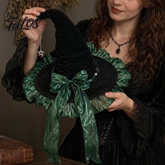 Halloween Witch Hat for Women, Velvet Wizard Hat with Ruffle Brim And Bow for Halloween Party, Masquerade, Cosplay Costume Accessory