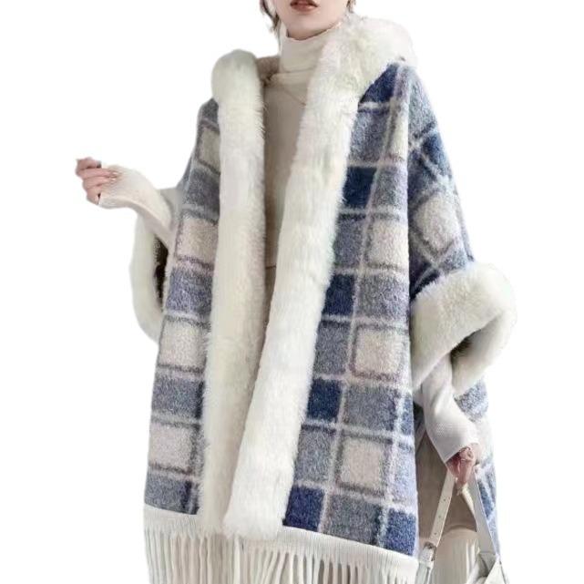 Women's Autumn/Winter Hooded Cape with Chinese Frog Button and Rabbit Fur Shawl, Plus Velvet Woolen Coat.