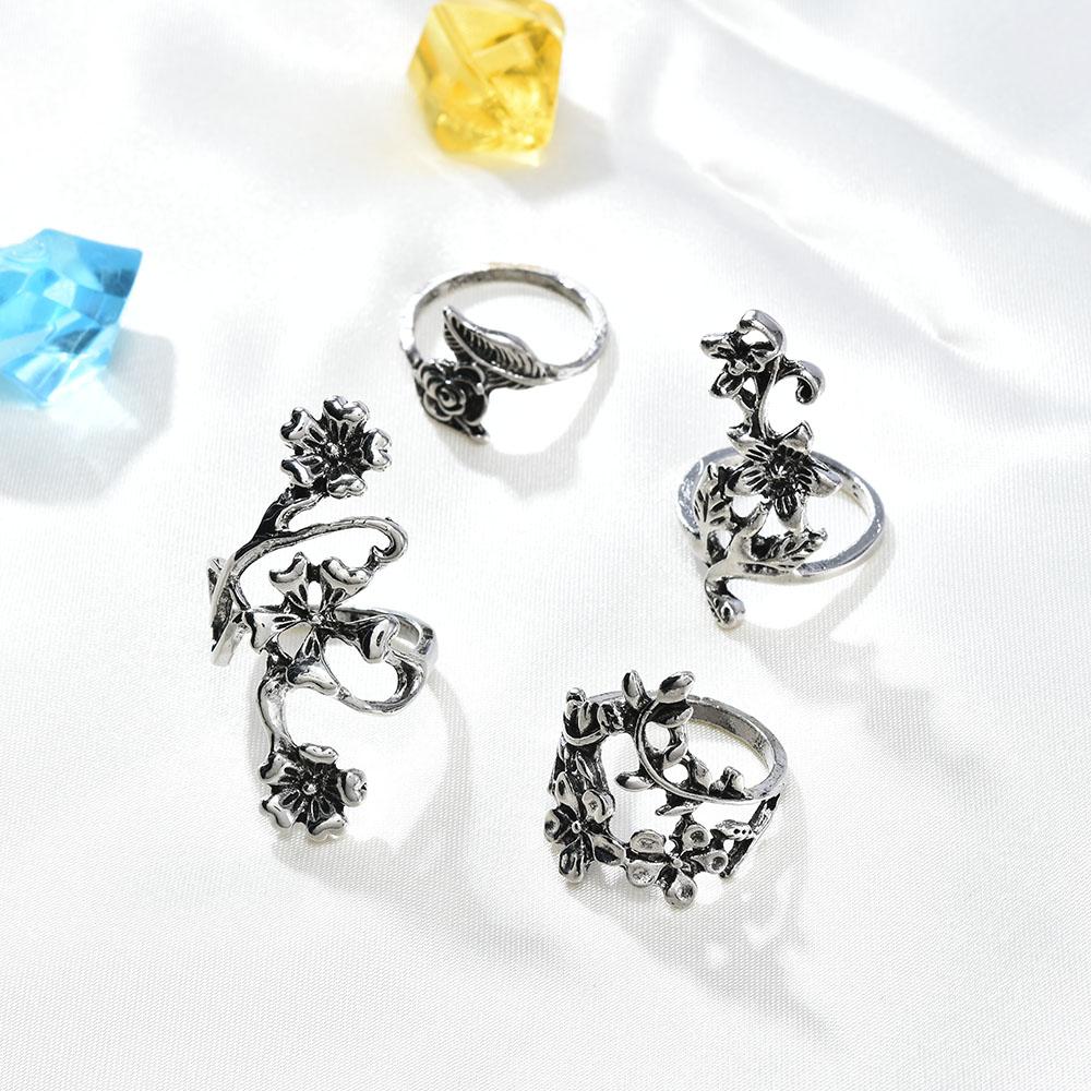 4 Pièces/Ensemble Bague Vigne Feuille Fleur Forêt Vintage Punk Sculptée Antique Bague Midi Doigt Femmes Anneaux Bohèmes Pour Hommes Bijoux Cadeaux
