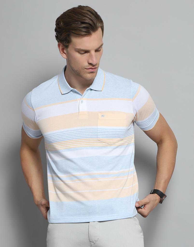 MONTE CARLO Mens Striped Blue Collar Neck Half Sleeve T-Shirt