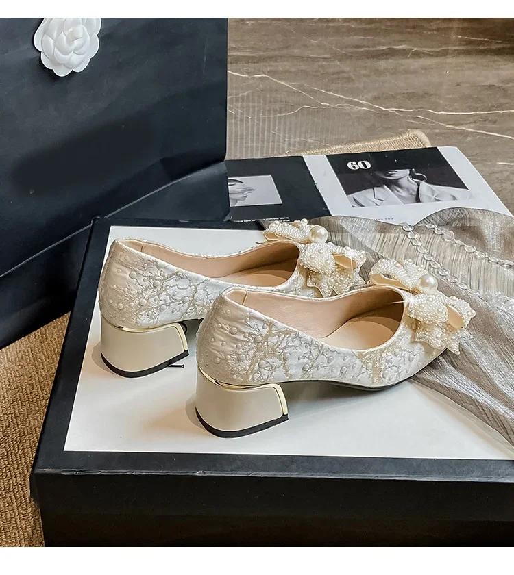 New Women Shoes Modern Pumps Girl Luxury Pearl Bowknot High Heels Shoes Ladies Party Dress Shoes