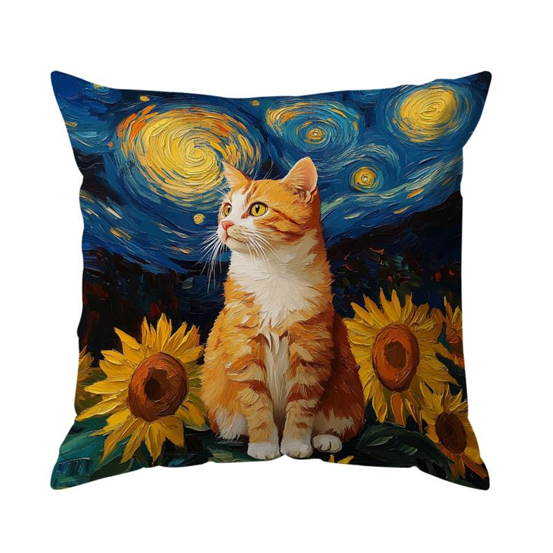 1Pc Cat And Sunflowers Oil Painting Cushion Covers Polyester Pillow Cover For Home Sofa Chair Bed Car Party Table Decoration