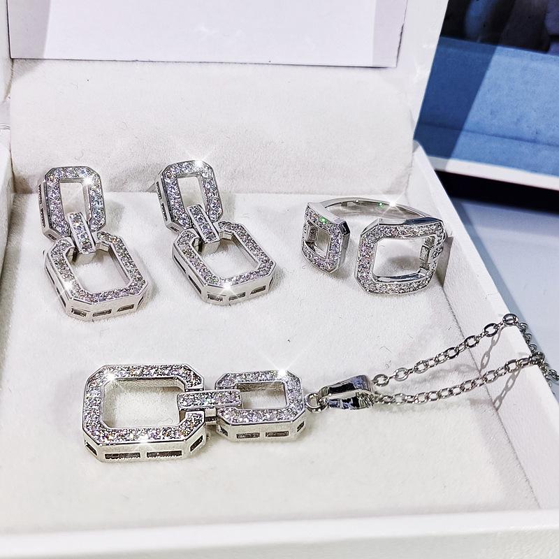 Set Platinum Plated Zircon Inlay Jewelry Set Bridal Necklace Earring Ring Three piece Set