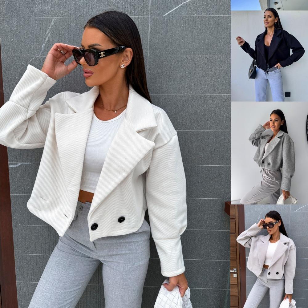 autumn and winter fashion versatile suit collar solid color short woolen small coat women