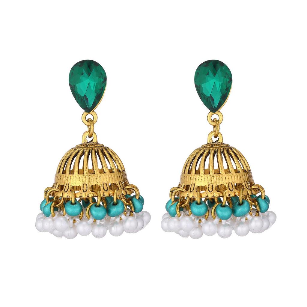 Bohemian Ethnic Gold Wind Chime Pendant Earrings with Rhinestone Accent